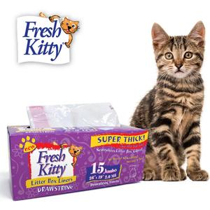 15 Count Fresh Kitty Litter Box Liners Super Thick, Durable, Easy Clean Up Jumbo Drawstring Scented Litter Pan Box Liners, Bags for Pet Cats (White/Pink)
