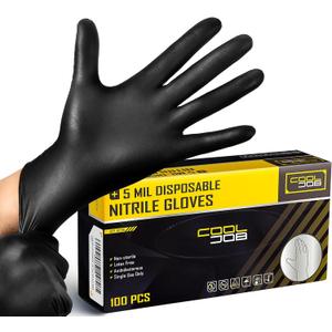 COOLJOB 5 Mil Black Disposable Nitrile Gloves for Men, Heavy-Duty for Household Cleaning, Cooking, Working, Powder Free, (Large (Pack of 100))