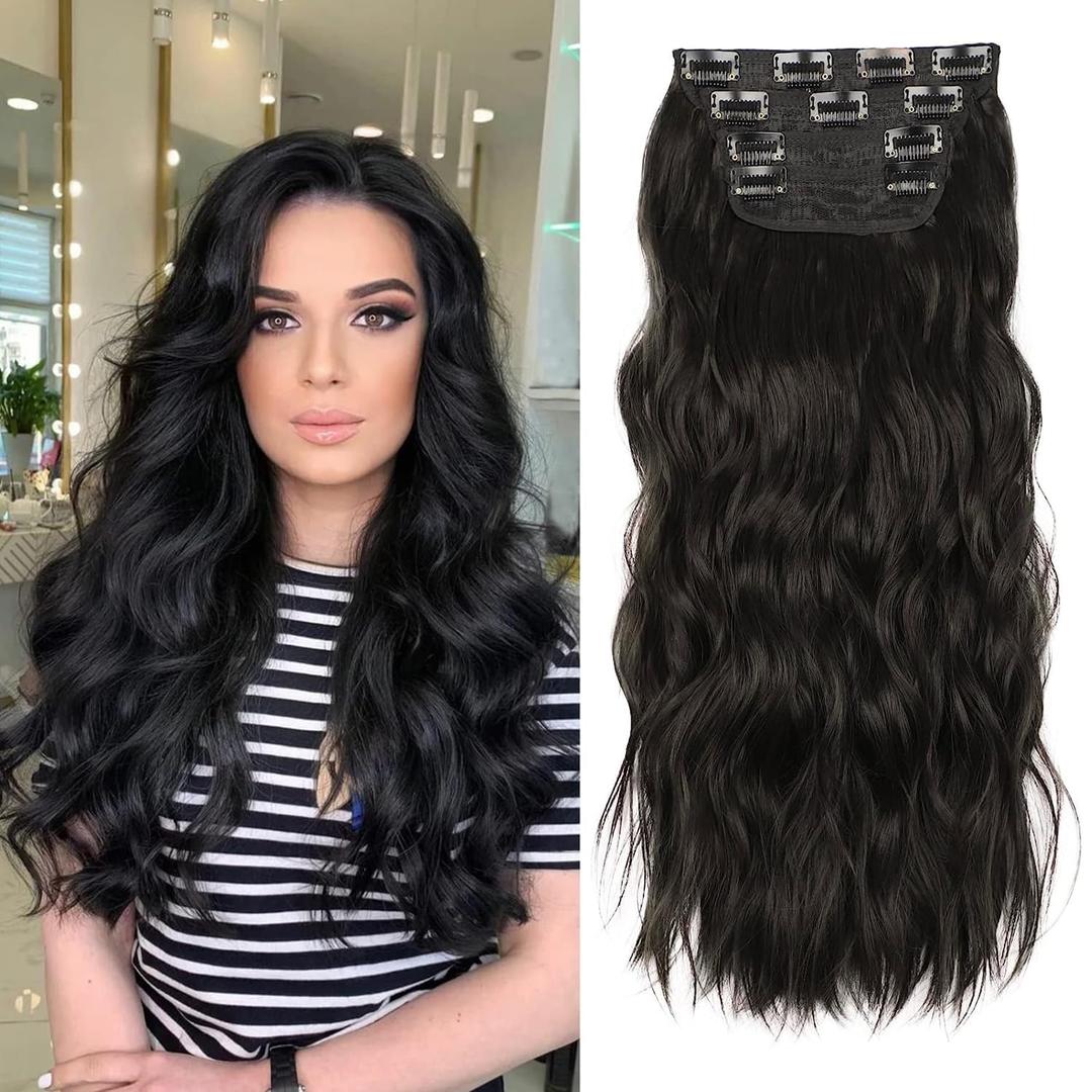 Black Hair Extensions, 20 Inches Soft Synthetic Curly Hair Extensions Clip ins (Color: Black)