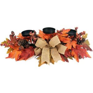 Fall Candle Holder Centerpiece with Maple Leaves, Pinecones, Berries & Burlap Bow,Thanksgiving Table Centerpiece Decoration for Dining Table, Mantel & Autumn Harvest Home Dcor (Orange)