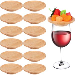 12PCS Wine Glass Charcuterie Topper, 4" Bamboo Mini Charcuterie Boards Top, Wine Glass Cover Lids Appetizer Plates, Dual Use Cups Topper Plates for Family Gatherings Bars Restaurants