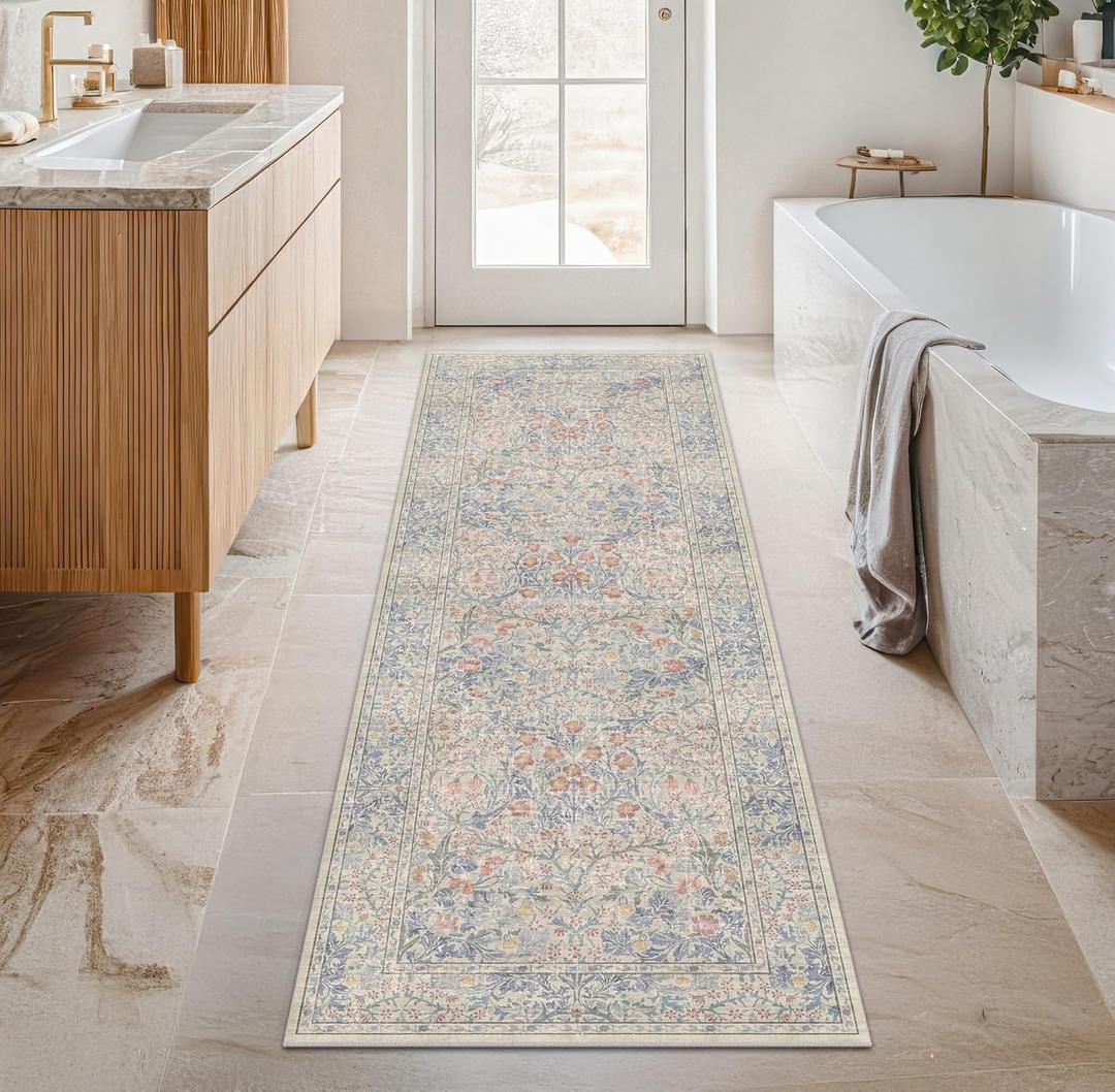 Washable Bathroom Runner Rug 2x6 - Long Runner Rugs for Laundry Room, Bedroom, 24 x 72 Kitchen Floor Mat - Non Slip Vintage Design Dcor, Beige Blue