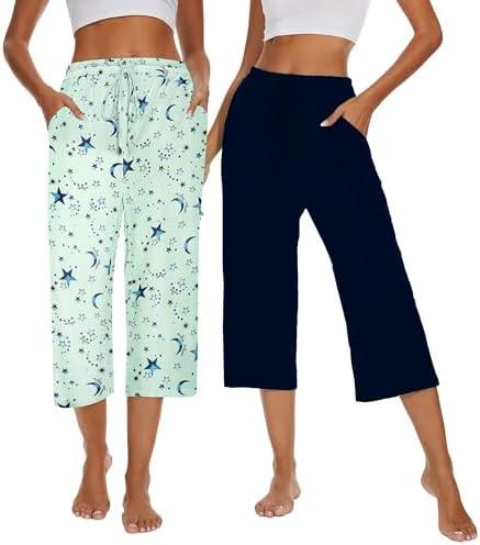 Kabento 2 Pack Womens Pajama Pants Capri Sleep Lounge Pants Drawstring Pj Bottoms with Pockets, Size: Small