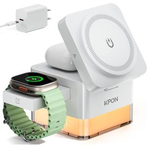 KPON 3 in 1 MagSafe-Compatible Charging Station for Apple, Nightstand Fast Wireless Charger, Foldable Cube, Charging Stand with Night Light, for iPhone 17/16/15/14/13/12, Apple Watch/AirPods, White