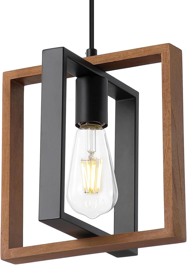 9MMML Industrial Small Pendant Lighting, Farmhouse Kitchen Island Hanging Lamp with Cord, Wood+Metal,1 Light E26 Fixture for Dining Room Bedroom Hallway Entryway,9.5 inch