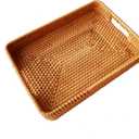 i-lan 13 Inch Handcrafted Serving Tray Rectangle Rattan Display Tray Plates with Cutout Handles and 2" Wall,Wicker Ottoman Coffee Table Decor Basket Tray Organizer Platter for Snack, Candy, Fruit,S (13.4" x 9.8" x 2")