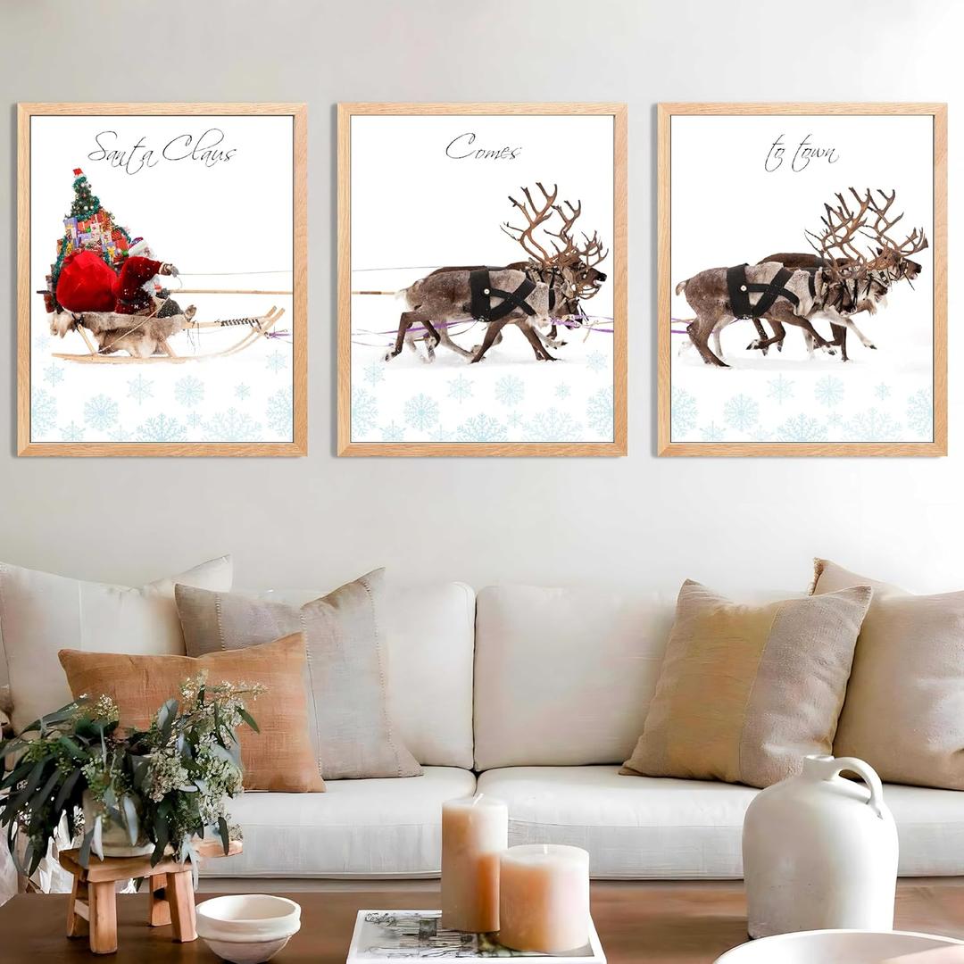 2 x LANCHI95 3 Pcs 8x10in Christmas Wall Art Prints, Santa Claus Reindeer With Sleigh, Large Aesthetic Christmas Art Poster Decorative Poster Room Decor For Living Room Bathroom (UNFRAMED)