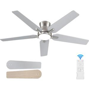 52 Inch Ceiling Fans With Lights and Remote, Brushed Nickel Flush Mount Low Profile Ceiling Fan for Bedroom, Living Room, Patio, Dimmable 6 Speeds Noiseless, ETL Listed