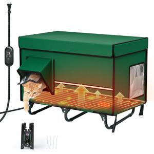 26'' XL Collapsible Heated Cat House - Metal Frame, 100% Insulated Waterproof Outdoor Stray Cat Shelter with Heating Pad & Escape Door,Temperature Control & Timer, Warm Shelter for Cats, Green