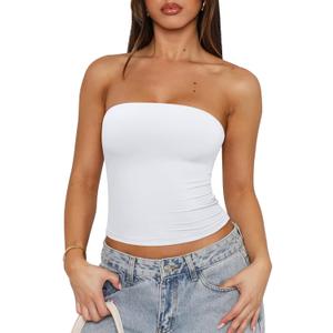 REORIA Women's Strapless Tube Top Double Lined & Non-Slip Y2K Backless Crop Tops for Summer Going Out, White Small