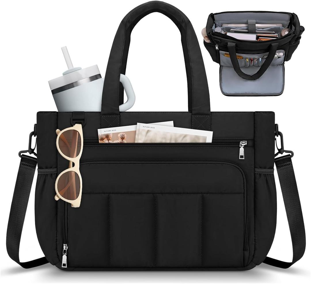 RAINSMORE Tote Bag for Women, 15.6 Inch Lightweight Puffy Tote Bag with Compartments Shoulder Bag Handbag for Travel, Work, Gym (Black)