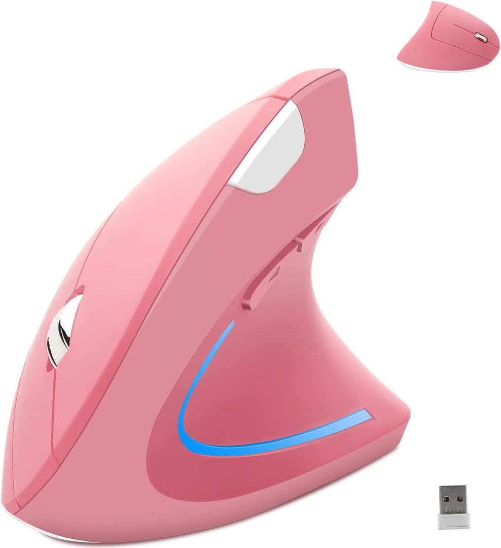 Wireless Mouse Ergonomic Vertical Ergo High Presion Optical Lightweight Cordless LED Light Large Cute Wireless Mouse for Laptop Computer Mac Office Girl Boy Adults Gift , 800/1200/1600 DPI, 6 Buttons (Pink)
