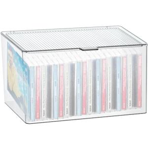 Flip CD Storage Box with 24 pcs CD Cases, Plastic Stackable DVD Display Organizer Case for CDs DVDs Video Game Comic Books, 10.1 x 5.5 x 5.9 Inch(CD Box with 24 CD Cases)