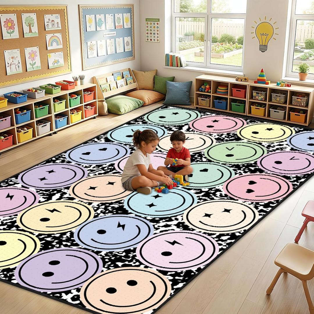 7.6x12 ft Large Smile Face Classroom Rug Composition Notebook Educational Area Mat Pastel Happy Face Play Carpet Back to School Learning Mat for Preschool Playroom Nursery Kindergarten(Smile)