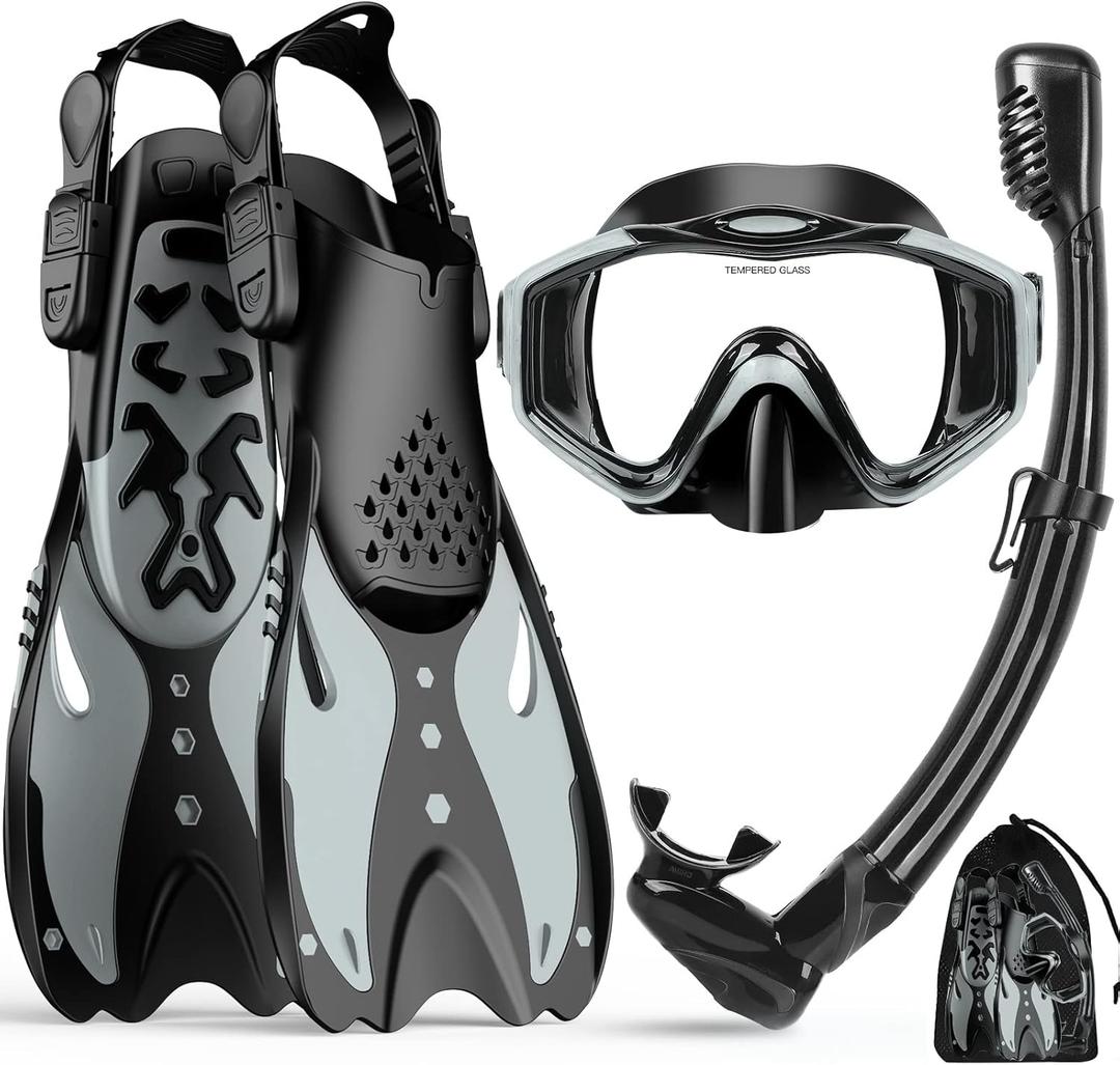 KUYOU Mask Fins Snorkeling Gear for Adults - Wide View Anti-Fog Mask, Full Dry Top Snorkel Gear Set (Small/Medium With Fins, Metallic Black)