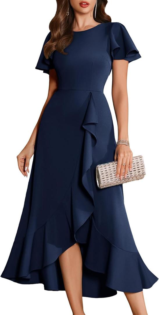 BeryLove Women Formal Party Dress Flutter Short Sleeve Wedding Cocktail Long Evening Dress (Blue, M)