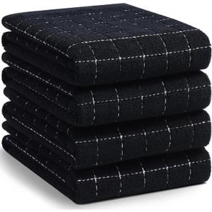 Homaxy 100% Cotton Terry Kitchen Towels(Black, 20 x 28 inches), Checkered Designed, Soft and Super Absorbent Dish Towels, Large 4 Pack (Black)
