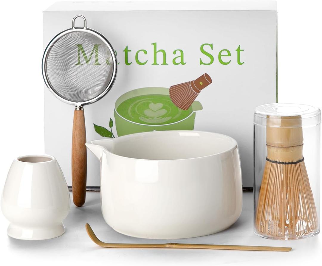 20OZ Matcha Whisk Set - 5PCS Matcha Kit Includes Ceramic Bowl with Spout, Bamboo Whisk with Holder, Bamboo Scoop and Sifter, Matcha Set for Ceremony, Gift for Matcha Lovers (White)