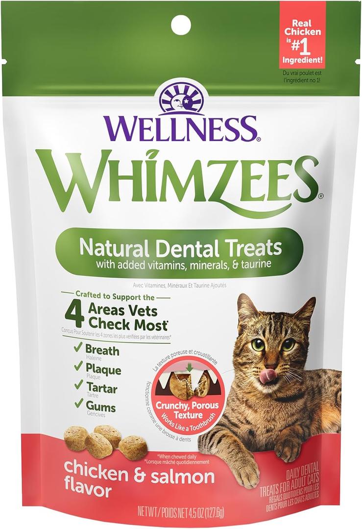 Wellness WHIMZEES Cat Dental Treats, Freshens Breath, Chicken and Salmon Flavor, 4.5 oz Bag (EXP 03/31/28)