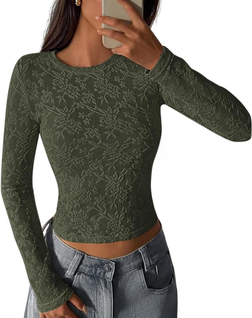 PRETTYGARDEN Women's 2026 Fall Long Sleeve Lace Dressy Casual Blouses Crewneck Slim Embroidered Fashion Mesh Tops Shirts (Green, XL)