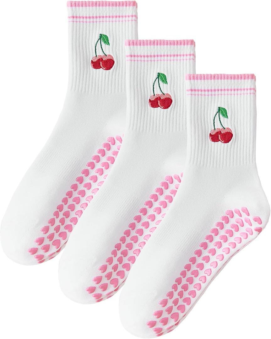 Mokde Mondge Pilates Socks with Non-Slip Grips Yoga Grippy Barre Workout Athletic Crew Anti-Slip Grip Socks for Women (US, Numeric, 5, 10, Regular, Regular, 3 Pairs pink cherry)