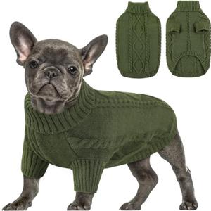 Queenmore Small Dog Pullover Sweater, Cold Weather Cable Knitwear, Classic Turtleneck Thick Warm Clothes for Chihuahua, Bulldog, Dachshund, Pug (Army Green, X-Small)