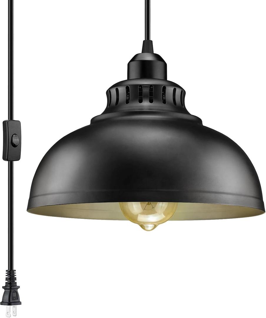 Plug in Pendant Light, 15FT Hanging Lights with Plug in Cord, On/Off Switch, Industrial Pendant Light with Plug in Cord, Metal Hanging Lamps for Living Room, Kitchen (Big black)