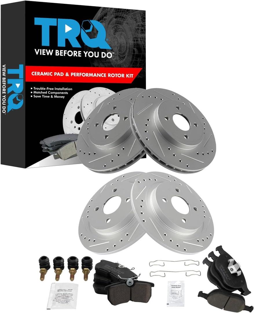 TRQ Front and Rear Brake Pad and Rotor Set Ceramic G Coated Drilled Slotted Rotors Compatible with 2002-2004 Ford Focus SVT
