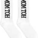 Hot Mom Themed Socks Crew Socks for Women Size 6-10, Cotton Blend Striped Athletic Style Funny New Moms Gifts Expecting Moms Pregnancy Gifts for Mother's Day Mom Birthday Present (White)