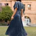 Simplee Women's Velvet Maxi Dress V Neck Short Sleeve Empire Waist Semi Formal Long Cocktail Dresses (Blue)