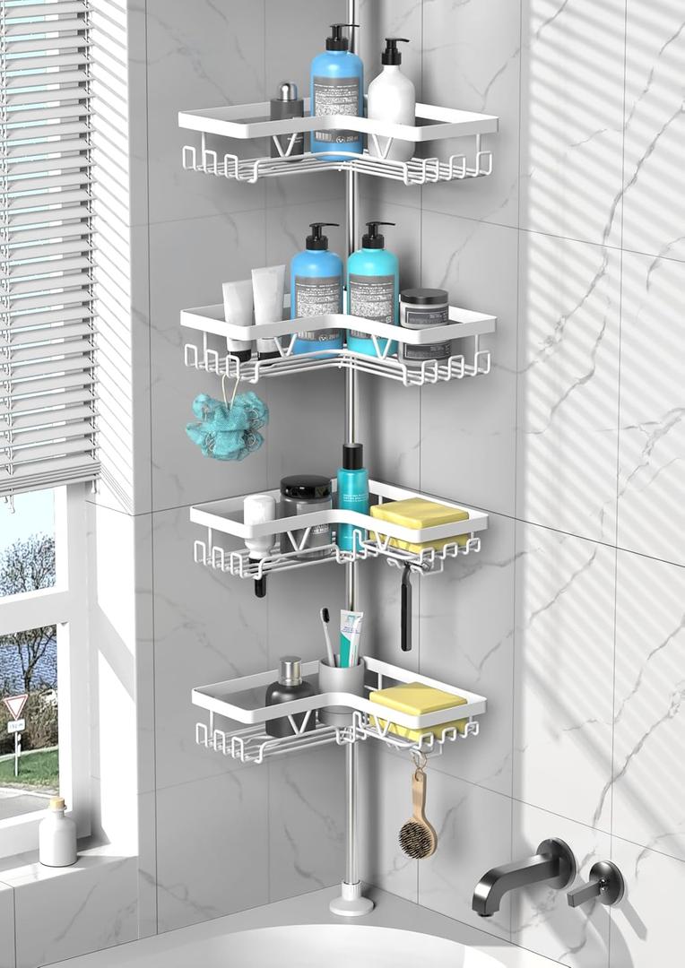 DAOYA Shower Caddy Tension Pole Corner - Stainless Steel Bathroom Organizer White Tension Rod Shower Shelves for Tub(22-114.2 Inch), Renter Friendly