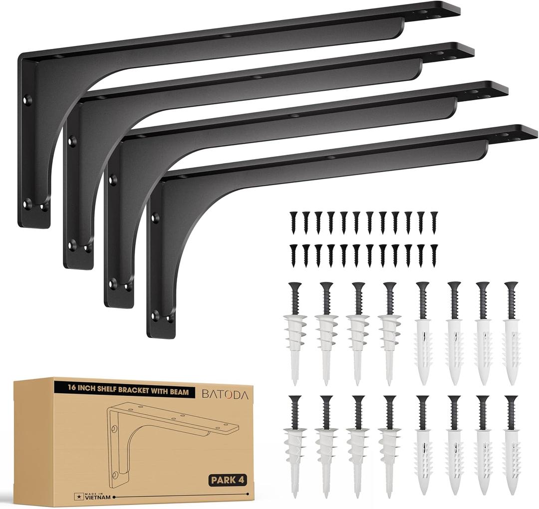 BATODA 16 Shelf Brackets with Beam (4pcs) - L Shelf Brackets Black - Hook Brackets for Floating Shelves - Wall Mounted Support for DIY Open Shelving Mounting Hardware Included (Pack 4) (4, 16 Inch)