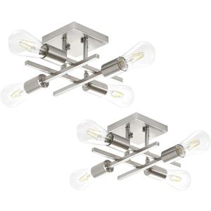 Industrial 4-Light Semi Flush Mount Ceiling Light Fixture, Modern Brushed Nickel Chandelier Lighting, Farmhouse E26 Base Sputnik Ceiling Lamp for Kitchen Bedroom Living Room Entryway, 2 Pack