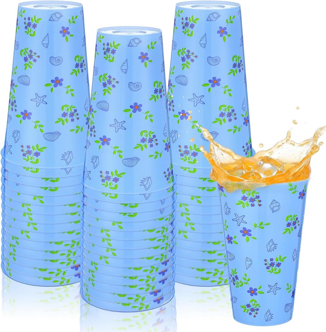 LemonRoad 25 Pcs Beach Coastal Plastic Cups 16 oz White and Blue Cups for Amalfi Coast Party Supplies Hawaiian Tropical Pool Beach Birthday Party Decor Seaside Shower Centerpiece