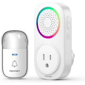 TECKNET Self-Powered Wireless Doorbell Kit - Plug-Through Door Bell with RGB Light, 60 Chimes & 5 Volume Levels, IP66 Waterproof Classroom Doorbell, 1000ft Range Doorbells for Home/Office