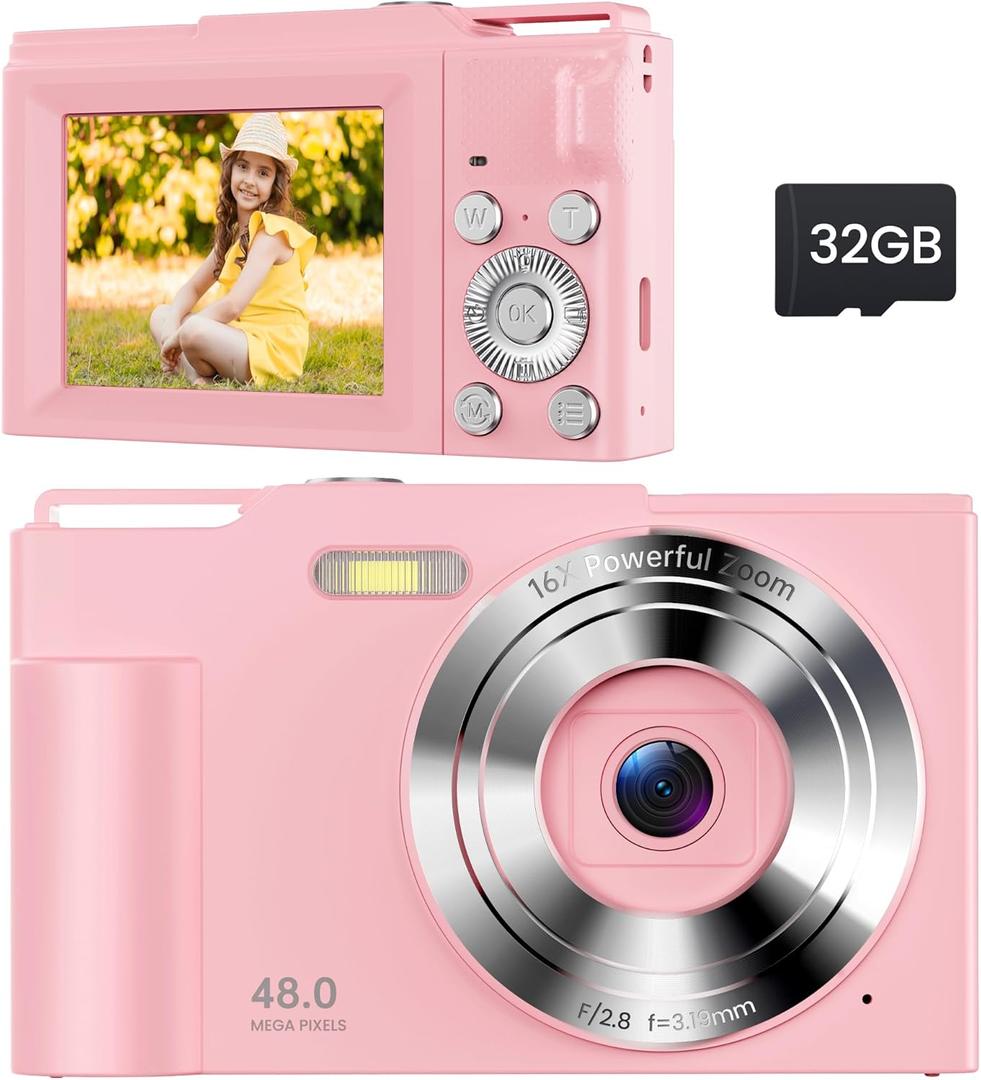 Digital Camera for Kids: Pink Camera for Teens - Christmas Birthday Gifts for Girls 8-10 - 16X Zoom Shoot Cam for Ages 8-13 - Compact Camera for 6 7 8 9 10 Years Old- Toys for Kid Children Toddler