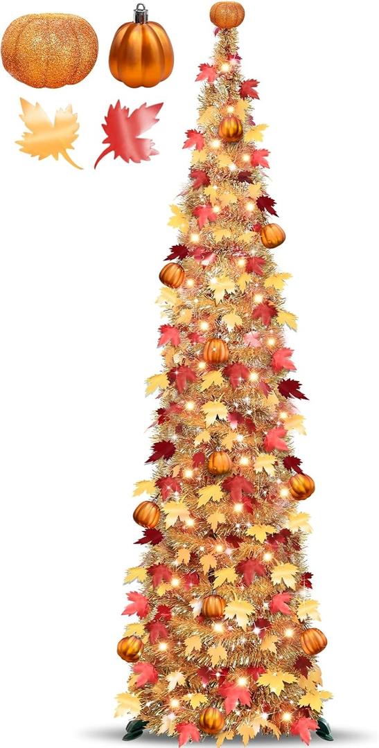 5 FT Fall Tree Fall Decor, Pop Up Tinsel Maples Tree with Timer 50 Warm White Lights Orange Pumpkins Battery Operated Lighted Halloween Tree Fall Decorations for Home Harvest Thanksgiving Party Indoor