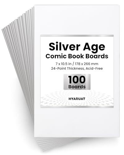 HYARUAT Silver Comic Book Boards – 100 Pack, Acid-Free White Cardboard, 24pt, Precision Cut for Silver Age Comic Bags, Ideal for Storage & Archival