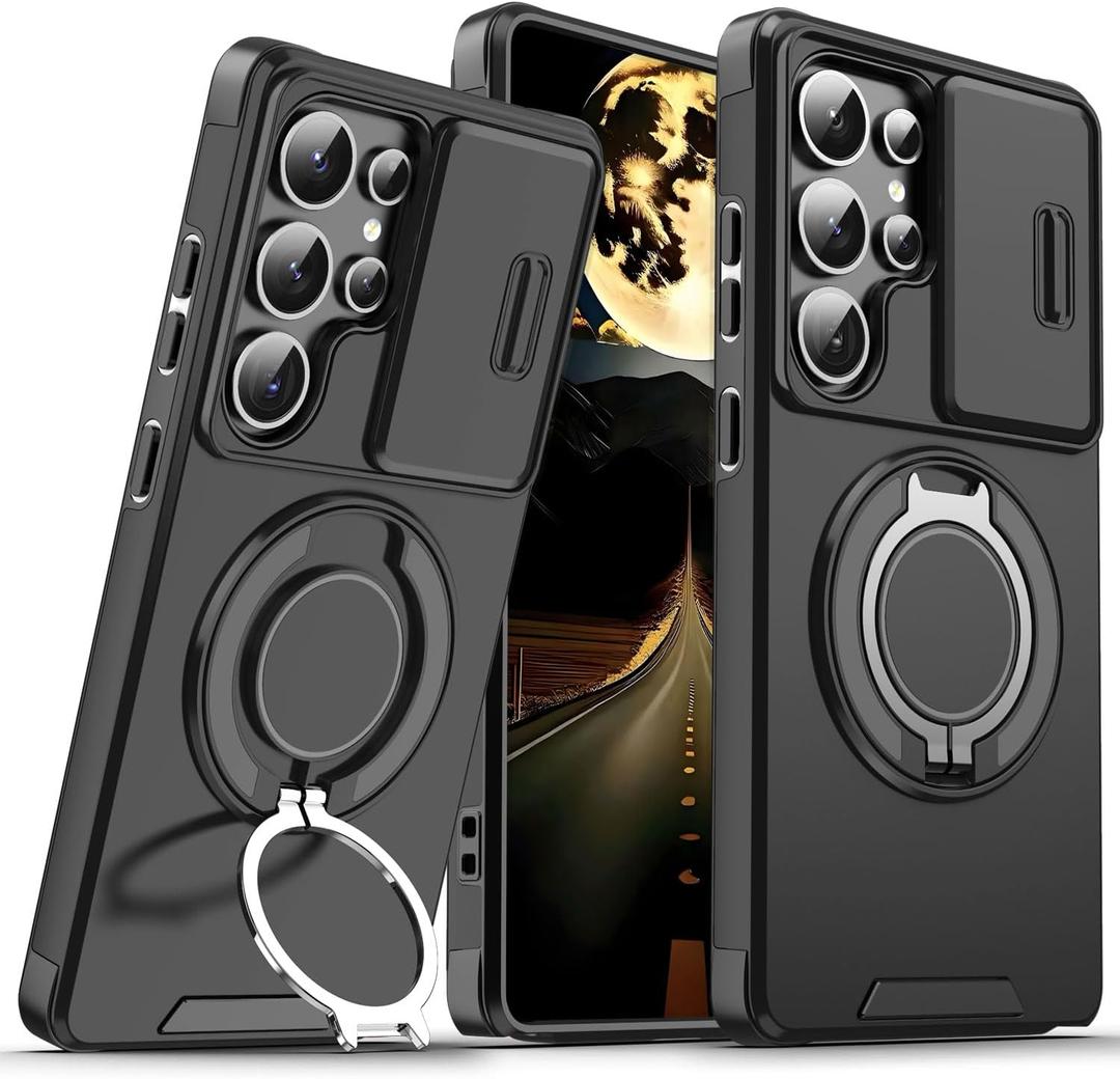 for Samsung Galaxy S24 Ultra Case with Magnetic Ring Kickstand Camera Cover, Heavy Duty Military Shockproof Rugged Full Bumper Protection Cover for Samsung S24 Ultra 5G Phone Case Shell (Black)