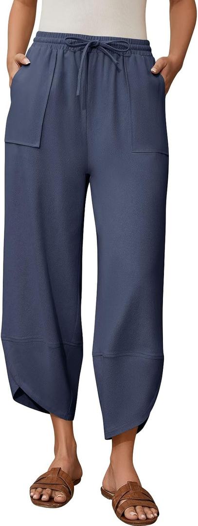 Womens Barrel Harem Linen Pants Wide Leg Pants Baggy Palazzo Drawstring Elastic Waist with Pockets Beach (Blue)