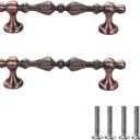 2 Pack Zinc Alloy Vintage Drawer Pulls with Screws - Ornate Drawer Handles for Kitchen Cabinets, Dresser Drawers, Furniture Hardware (Antique red Bronze, 3.78 inch Hole spacing)