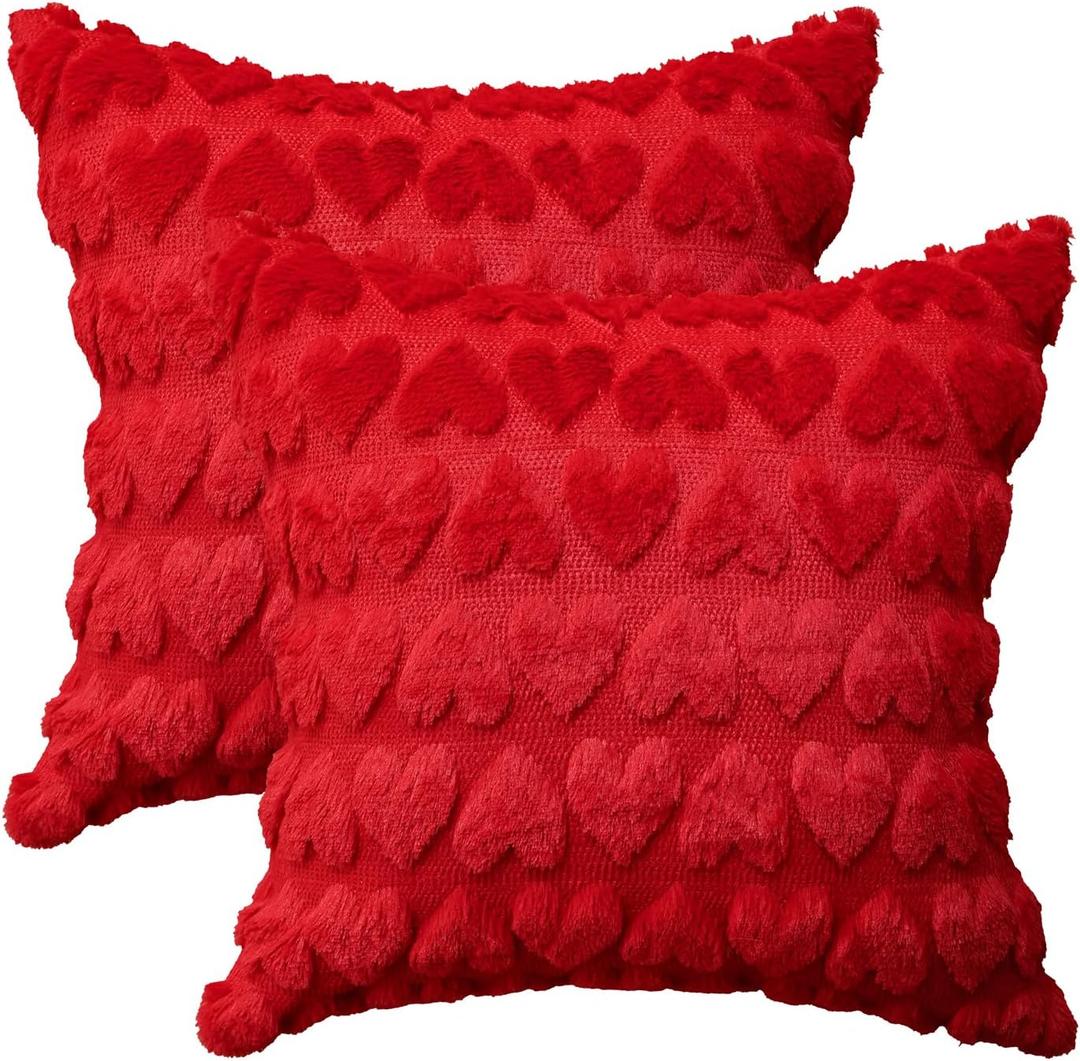 AVOIN colorlife Valentine's Day Love Heart Throw Pillow Cover Set of 2, 16 x 16 Inch Red Soft Plush Faux Fur Jacquard Anniversary Wedding Cushion Case Decoration for Sofa Couch