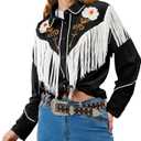 JOHN MOON Women's Floral Embroidered Fringe Western Shirts Rodeo Cowgirl Button Down Blouse Tops Country Style Outfits L