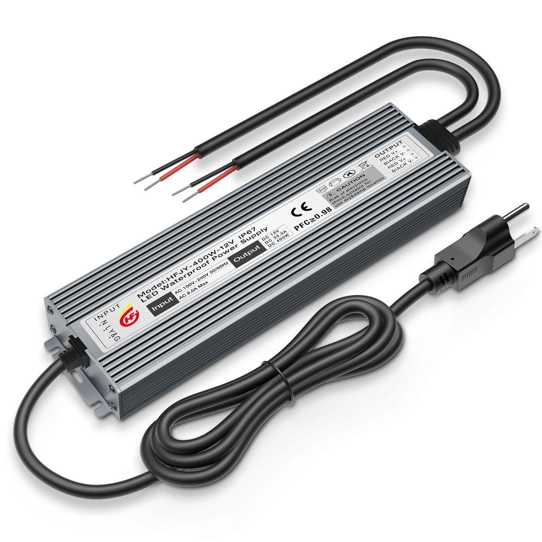 LED Driver 400W Waterproof Power Supply IP67 Transformer, Adapter Converter AC 100V-265V AC to 12V DC 33.3A Low Voltage Output with 3-Prong Plug for LED Light, Computer Project, Outdoor Use