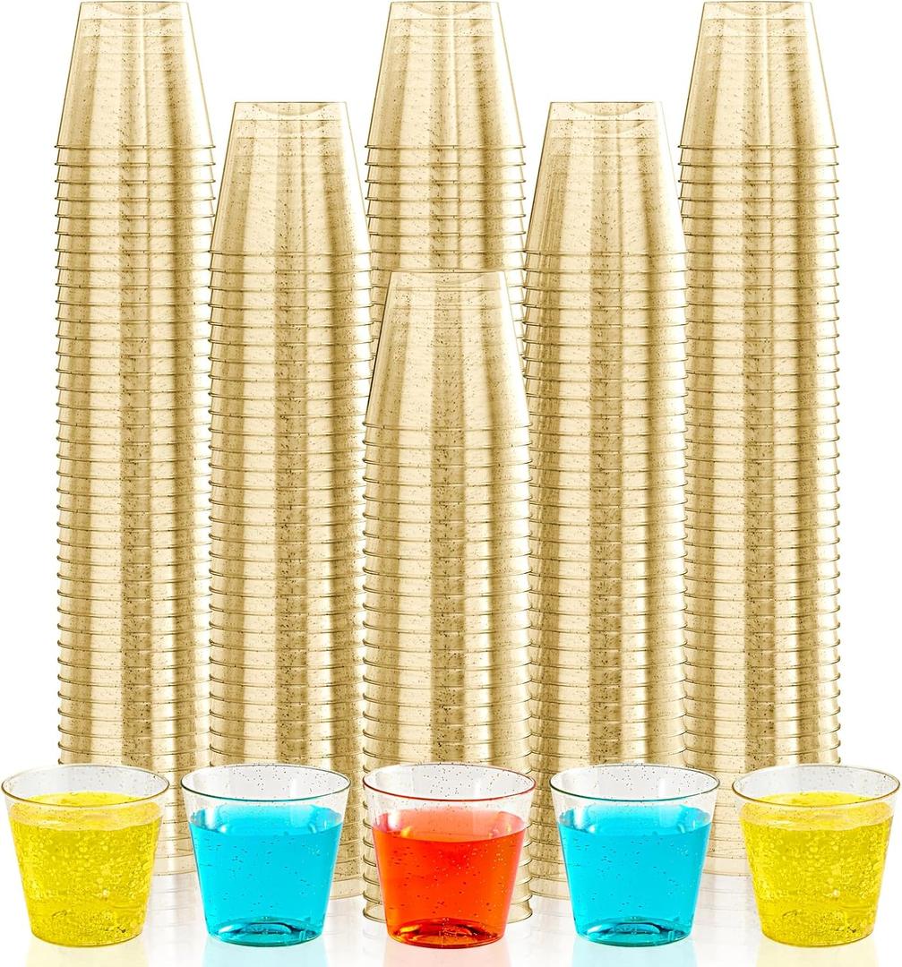 JOLLY CHEF 500 Pack 1 oz Shot Glasses, Gold Glitter Elegant Party Cups Tumblers, Disposable Cups with Glitter for Wedding, Thanksgiving Day, Christmas Halloween Party