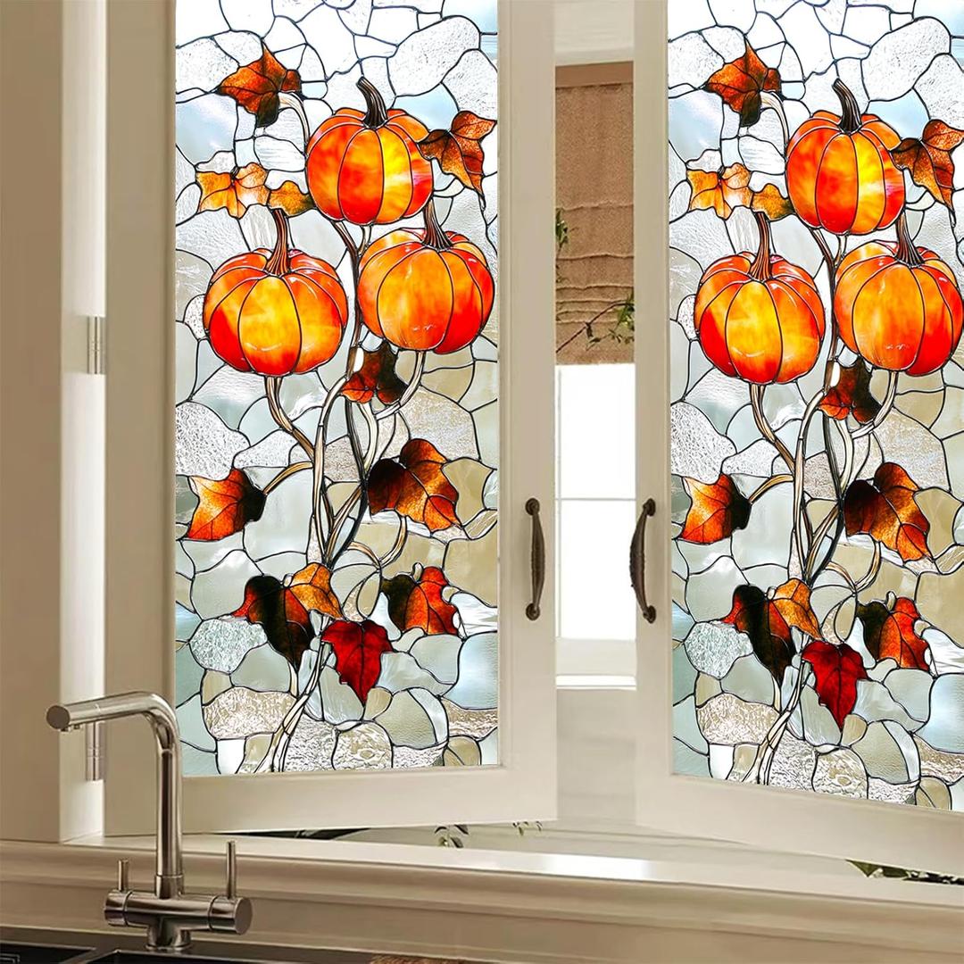 2 x Fall Leaf Privacy Window Film Autumn Pumpkin Stained Glass Window Film Stained Decals Static Cling Sun Blocking Decor for Fall Home Windows Doors Glass Decor 17.7 x 39.3 Inch