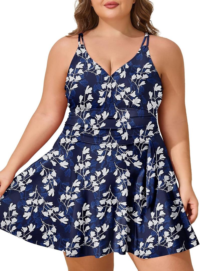 Summer Mae Plus Size Swimsuit for Women One Piece Swim Dress Tummy Control Bathing Suit with Flowy Skirt Modest Swimwear (Purple Leaf) 22 plus