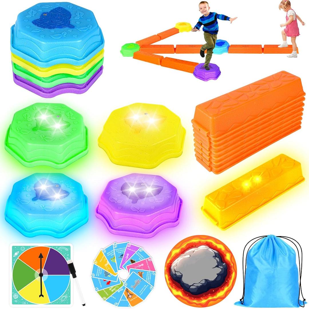 Stepping Stones for Kids, Light Up Interlocking Balance Beam and Non-Slip Toddler Balance Stones, Obstacle Course Sensory Toys with Game Spinner and Card for Indoor Outdoor School Family Play