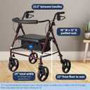 Medline Large Steel Bariatric Rollator Walker with Adjustable Handles, Padded Seat & Backrest, Burgundy, 500 lb. Weight Capacity, Foldable with Storage, 8" Wheels, Rolling Walker For Seniors & Adults