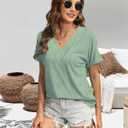Women's T-shirts V Neck Short Sleeve Tee Solid Color Blouse Loose Fit 2025 Summer Casual Tops, Light Green, L